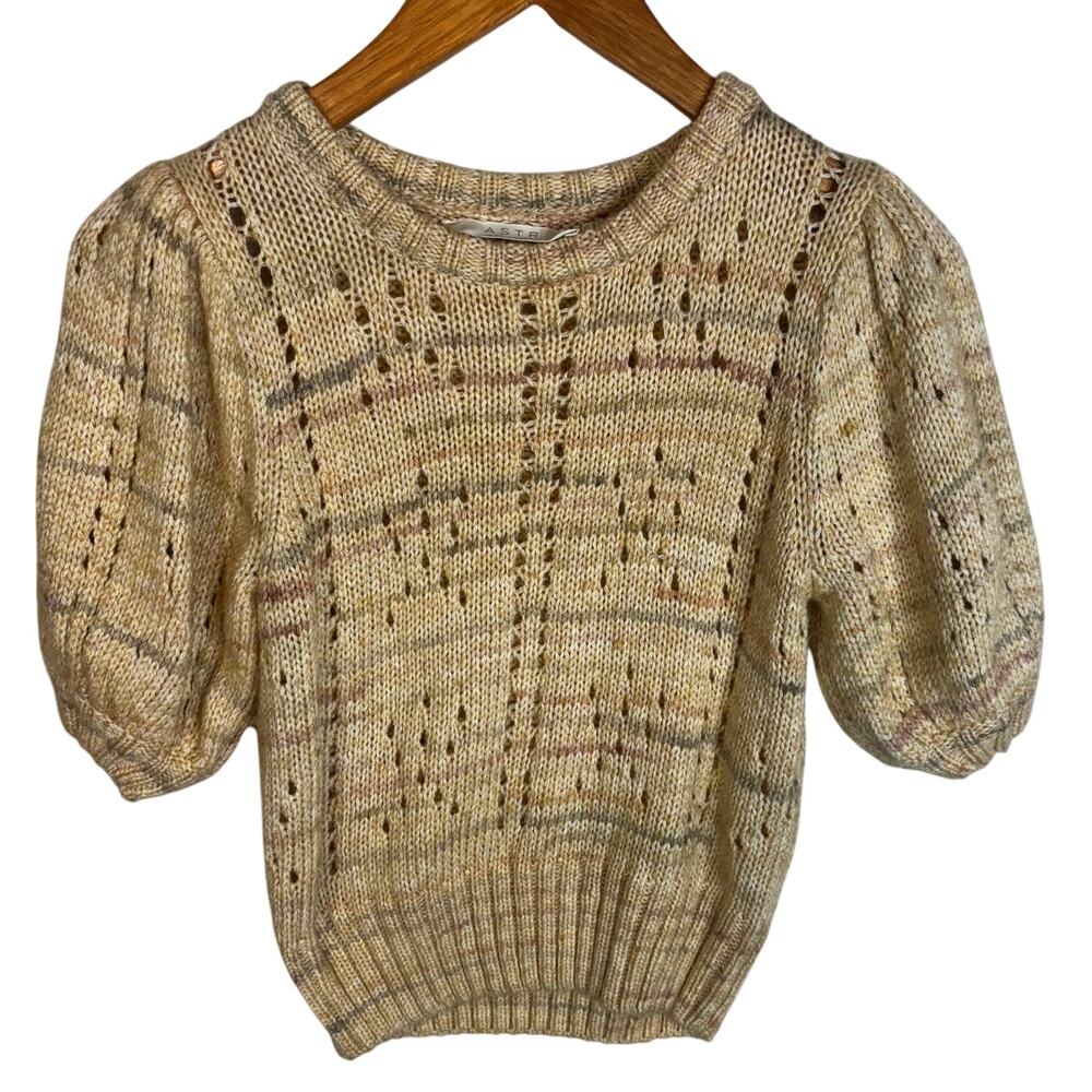Astr the Label Tan Multicolored Puff Sleeve Knit Sweater Sz XS Fisherman Preppy